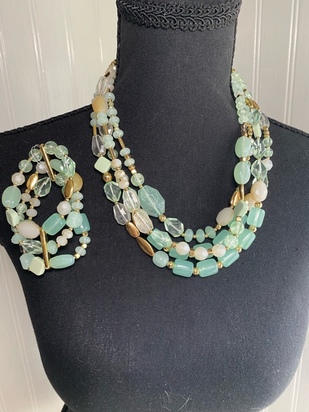 Talbots Aquamarine and Gold Multi-Strand Beaded Necklace + Matching Bracelet Set